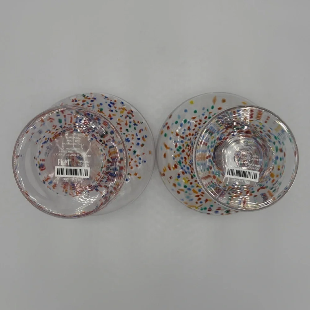 Pier 1 Hand Blown Multi Dot Margarita Glasses Set of 2 New Old Stock